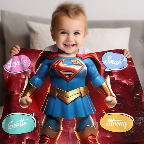 Personalized Supergirl Baby Blanket – Custom Name, Date & Background | Heroic Baby Girl Gift